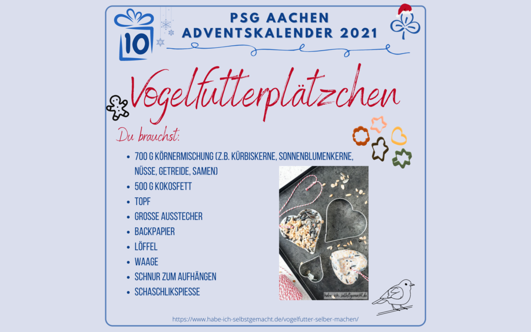 Du brauchst: 700 g Körnermischung (z.B. Kürbiskerne, Sonnenblumenkerne, Nüsse, Getreide, Samen), 500 g Kokosfett, Topf, große Ausstecher, Backpapier, Löffel, Waage, Schnur zum Aufhängen, Schaschlikspieße