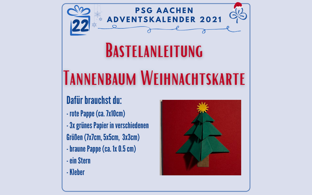 Bastelanleitung Tannenbaum Weihnachtskarte: Dafür brauchst du: - rote Pappe (ca. 7x10cm) - 3x grünes Papier in verschiedenen Größen (7x7cm, 5x5cm, 3x3cm) - braune Pappe (ca. 1x 0.5 cm) - ein Stern - Kleber